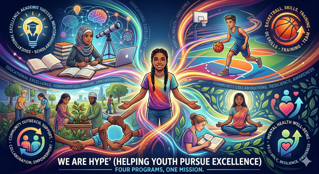 "A dynamic and colorful digital illustration symbolizing the SSYO H.Y.P.E. initiative. In the center, a confident young Black girl stands with her arms open, with glowing, multi-colored energy lines connecting her to four surrounding scenes.
Top left (Education): A young Muslim girl wearing a hijab studies at a desk with a laptop, books, and a telescope.
Top right (Athletics): A young Asian boy dribbles a basketball on a brightly colored court.
Bottom left (Community Outreach): A diverse group of youth work together in a community garden and join hands in unity.
Bottom right (Mental Health): A young South Asian woman meditates peacefully while another girl writes in a journal, surrounded by calming green leaves.
Each section includes representative icons like a graduation cap lightbulb, a basketball, holding hands, and a heart. At the bottom, bold text reads: 'WE ARE HYPE (HELPING YOUTH PURSUE EXCELLENCE). FOUR PROGRAMS, ONE MISSION.'"